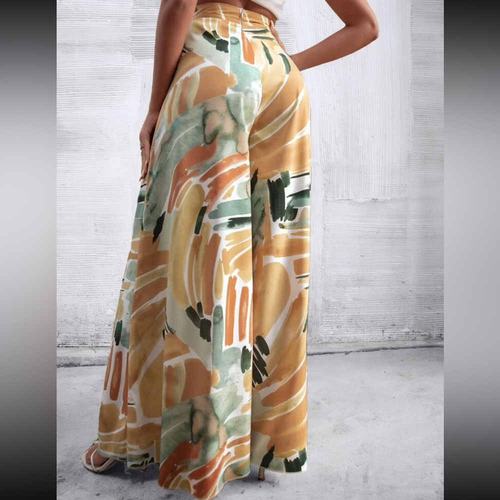 Boho High Waist Watercolor Brush Print Wide Leg Palazzo Pockets Pants - Picture 2 of 6